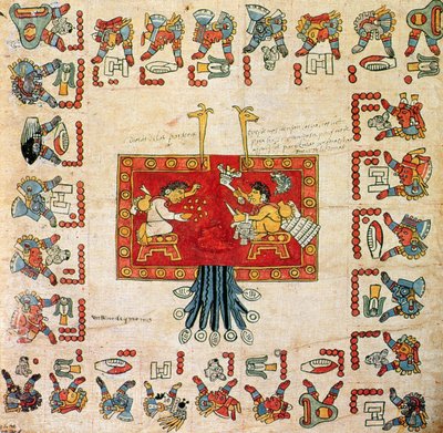 Faksimile-Kopie des Codex Borbonicus, Detail der Ausarbeitung des Oxomoco- und Cipactonal-Kalenders von Aztec